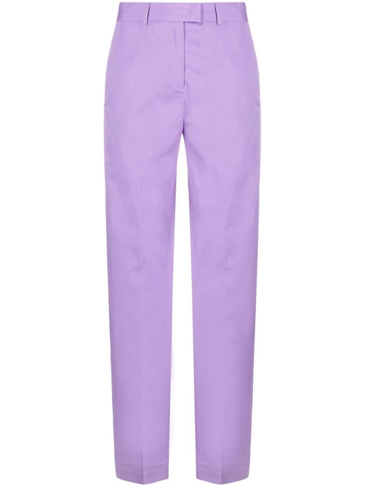 lavender purple cotton high waist concealed front fastening belt loops two side slit pockets two rear welt pockets straight leg Lilac Pants, Patterned Pants, The Attico, Lavender Purple, Straight Leg Trousers, Pants Pattern, Pants Straight, Straight Leg Pants, Welt Pockets