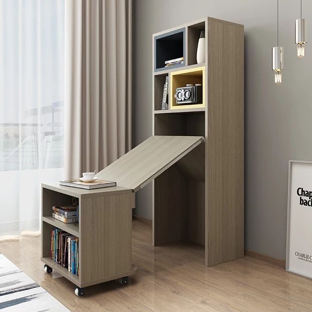 a desk with a book shelf underneath it