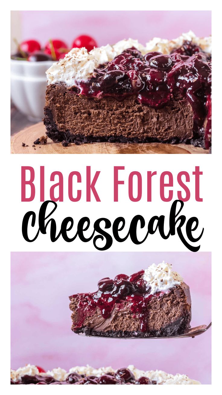 black forest cheesecake on a wooden cutting board with text overlay that reads, black forest cheesecake