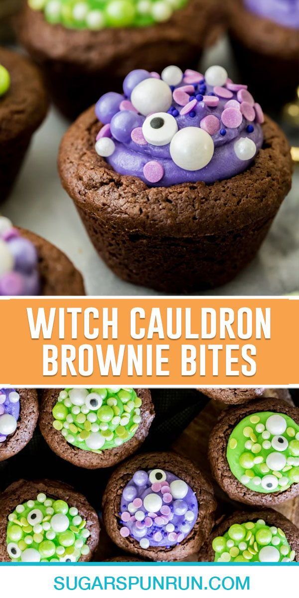 chocolate cupcakes with sprinkles on them and the words witch cauldron brownie bites