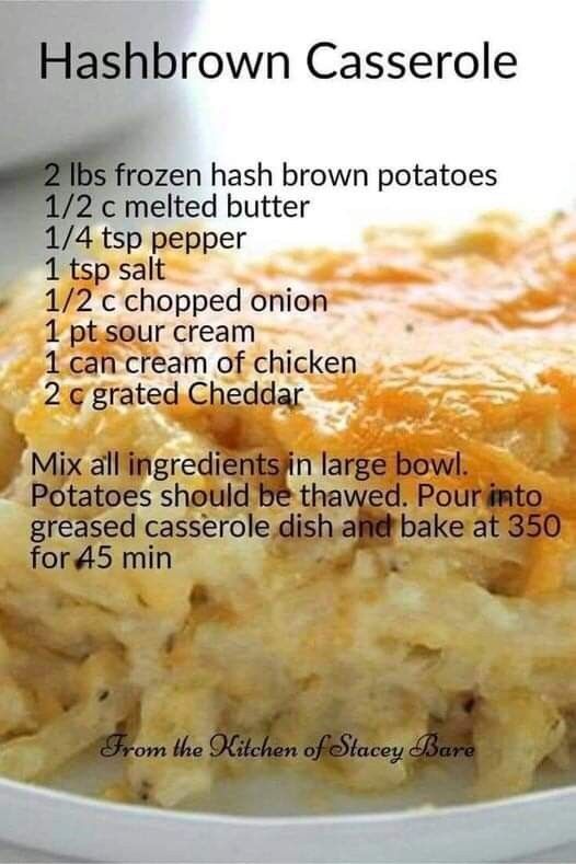 the recipe for hashbrown casserole is shown in a bowl with instructions