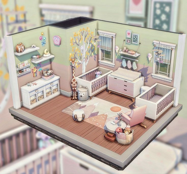 a dollhouse with furniture and decor in the living room, including a baby's crib