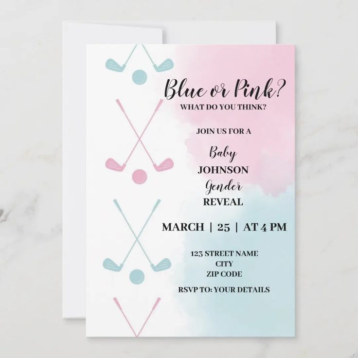 a pink and blue watercolor golf party card