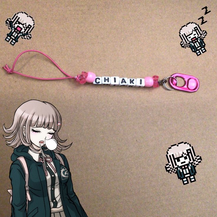 an anime character holding a pink lanyard with the word chika written on it