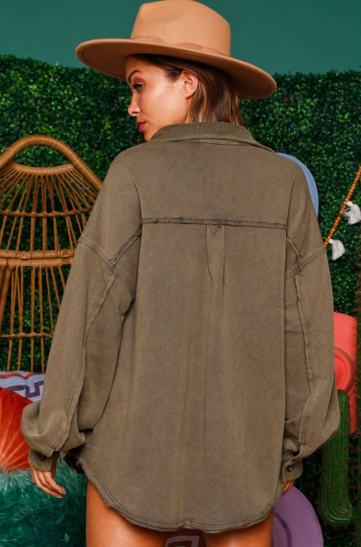 We just found your new favorite go-to shirt jacket. We love the shacket trend, and this shirt jacket is such a cute, effortless, stylish look. Featured in a vintage, washed olive colorway with front pockets and a relaxed fit. This piece has functional button closures to wear buttoned up or open, bubble long sleeves, a front and back yoke, raw edge finishing, and a collared neckline. olive shirt jacket long sleeves bubble sleeves front pockets front and back yoke raw edge finishing relaxed fit, f Olive Shirt, Jacket Long, Raw Edge, Shirt Jacket, Stretch Fabric, Button Downs, Down Shirt, Button Up, Button Down Shirt