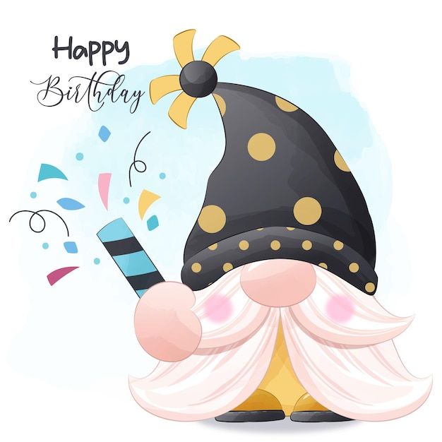 a happy birthday card with a gnome's hat