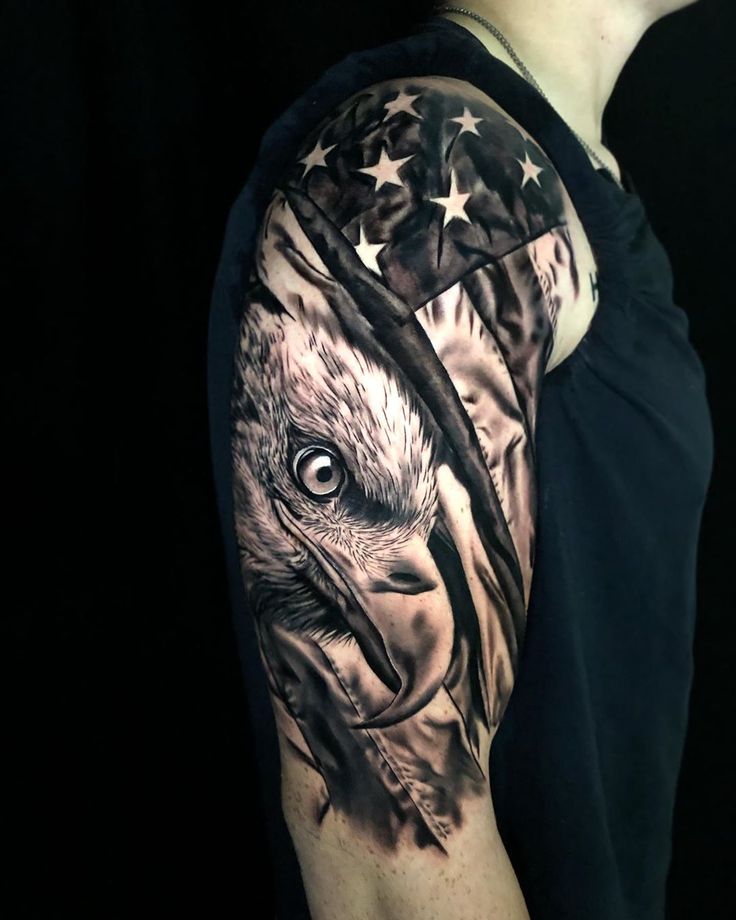 an eagle with the american flag on his arm