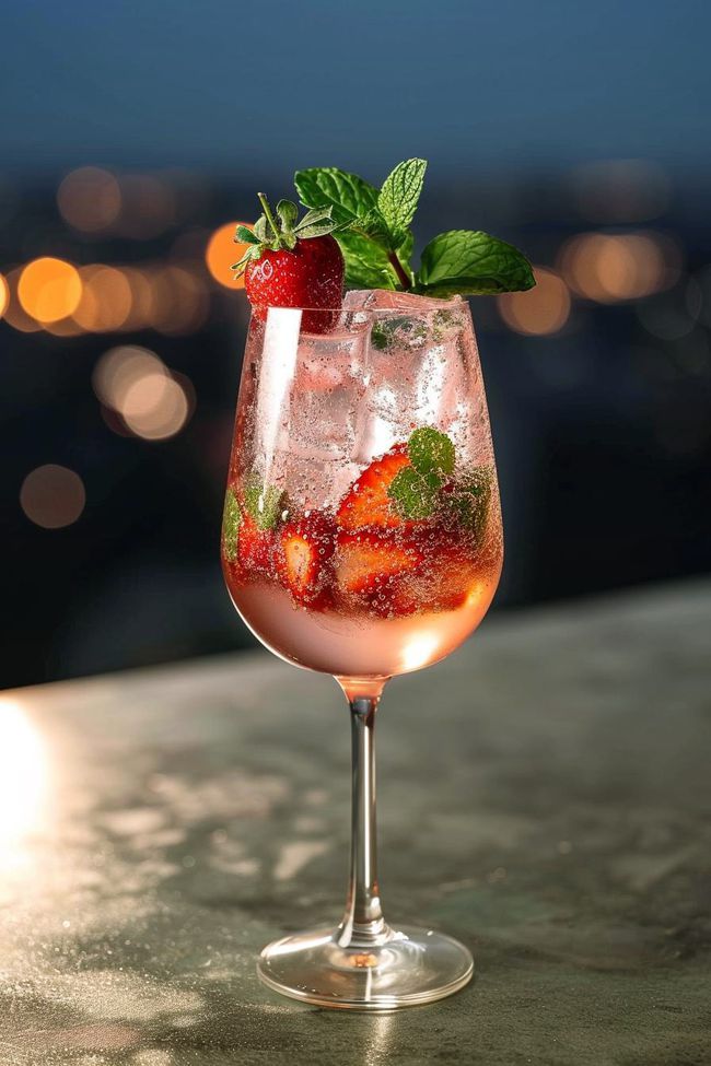 a drink with strawberries and mint on the rim sitting on a table in front of a cityscape