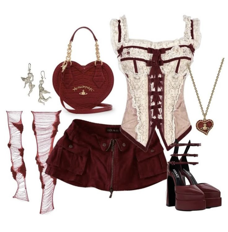 from vivstyle.mp3 on ig Valentine Themed Outfit, Valentines Outfits Coquette, Valentines Themed Outfit, Outfits With A Corset, Valentines Fits Aesthetic, Coquette Valentines Outfit, Cluttered Outfit, Modern Vampire Aesthetic Outfit, Red Valentines Outfit