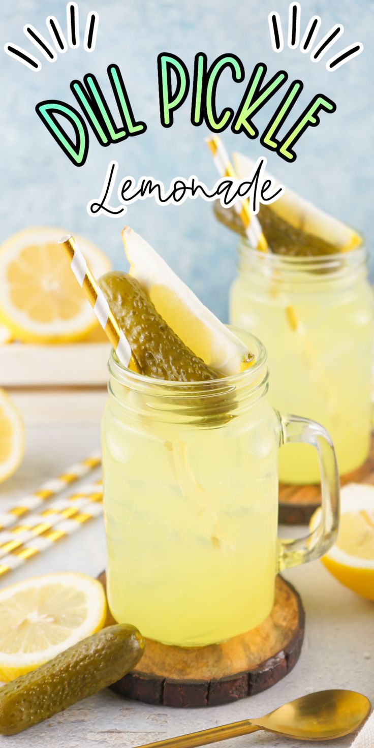 two mason jars filled with lemonade and pickles on top of a cutting board