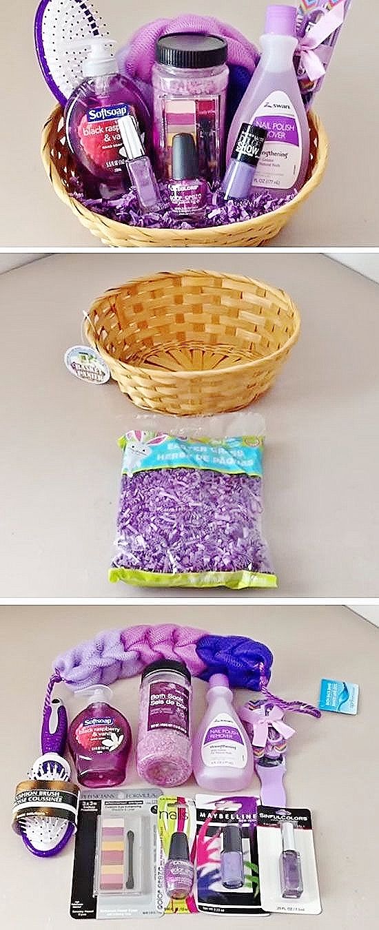 two baskets filled with different items on top of a table next to eachother