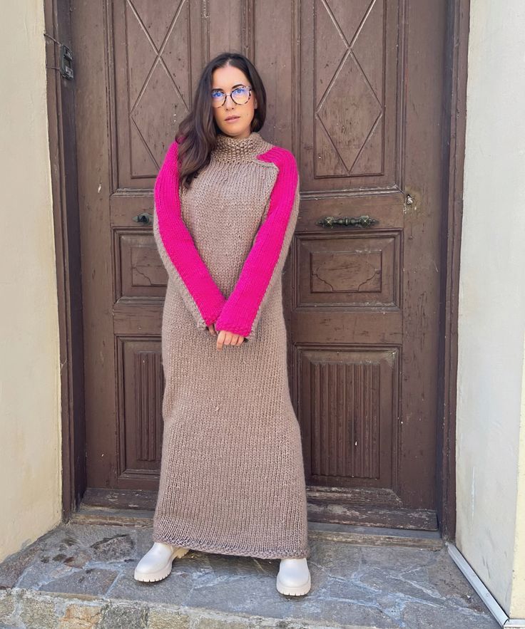 Incredible Hand Knit Beige Dress With Pink Sleeves, Fashion Thick Sweater Dress For Special Woman, Natural Wool Long Dress for present #WoolFetishDress #VintageWoolDress #HandKnitWoolDress #BeigeWoolDress #FancyWoolDress #ElegantKnitDress #DressCoat #WoolRobe #CustomWoolTunic #WinterDress Wool Knitted Dress, Thick Sweater, Beige Dress, Womens Sweaters, Knit Sweaters, Thick Sweaters, Special Dresses, Beige Dresses, Wool Dress