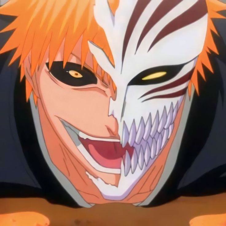 an anime character with orange hair and white teeth wearing a demon mask, looking at the camera