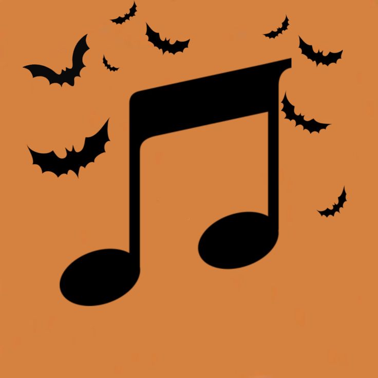 an orange background with bats flying around and music notes in the shape of musical notes