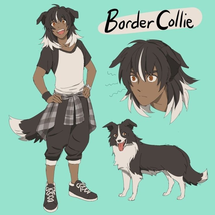 an anime character with black and white hair standing next to a brown and white dog