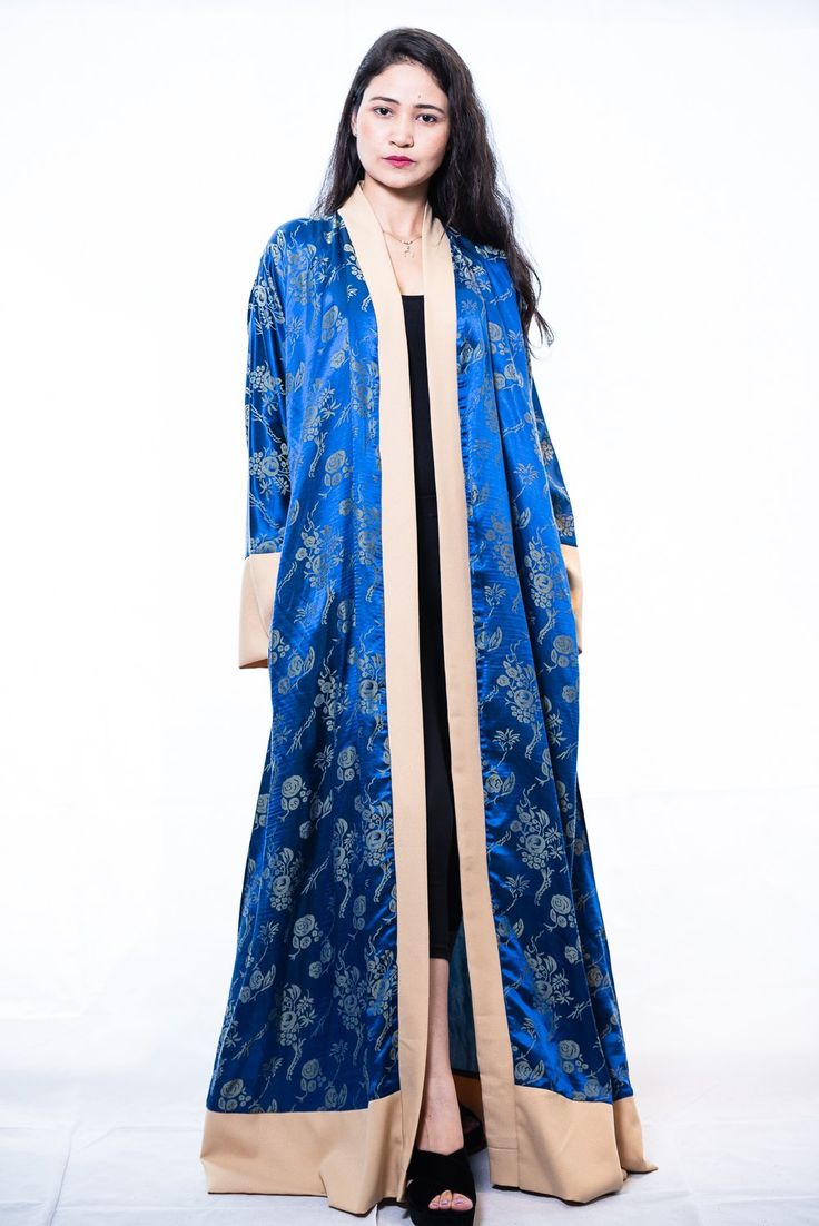 luxury robe floor length Fitted Formal Elegant Kimono, Elegant Formal Fitted Kimono, Formal Long Sleeve Silk Abaya, Elegant Long Sleeve Blue Abaya, Elegant Fitted Blue Abaya, Elegant Blue Long Sleeve Abaya, Elegant Blue Abaya For Party, Elegant Fitted Kimono For Evening, Elegant Fitted Evening Kimono