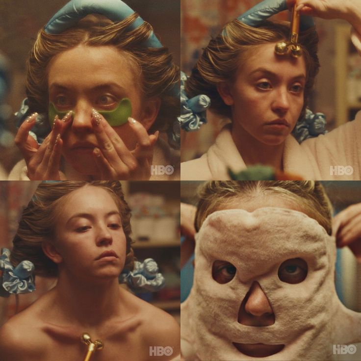 four different pictures of women with masks on their faces