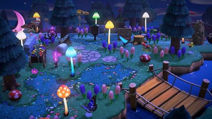 an animated landscape with lots of mushrooms and trees in the night time, along with lights