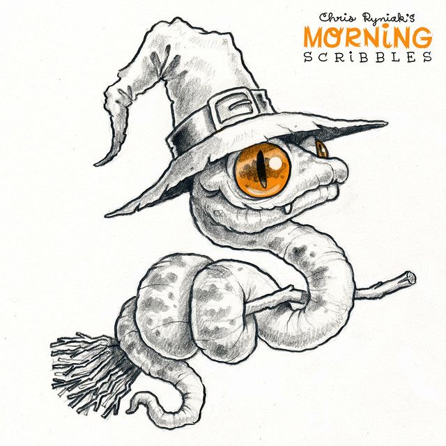 a drawing of a worm wearing a witches hat and holding a broom with the words morning scribbles on it