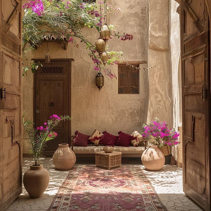 a living room filled with lots of furniture and flowers in vases on the floor