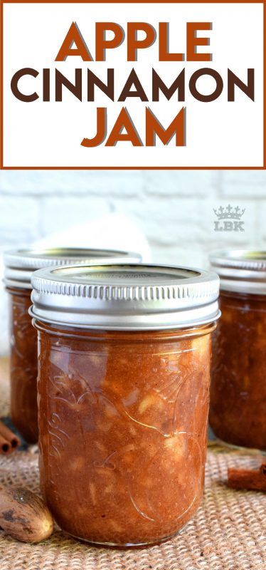 three jars filled with cinnamon jam sitting on top of a woven table cloth next to an orange and white sign that says apple cinnamon jam