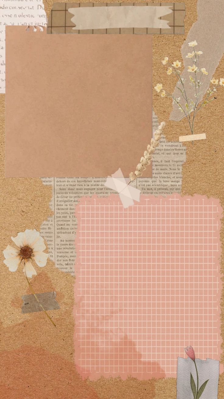 a collage of papers and flowers on top of a piece of paper with torn edges