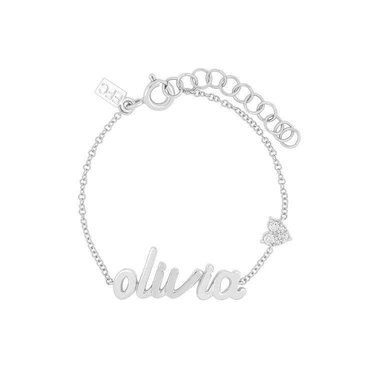 The You Have My Heart Script Name Bracelet was originally created to welcome Emily's beautiful baby girl, Olivia. Featuring your choice of 1-10 gold script letters and our signature heart motif with full-cut diamonds, this custom, one-of-a-kind bracelet comes in two sizes for either baby or mama. Dainty Personalized White Gold Bracelets, Dainty White Gold Name Bracelet, Personalized Adjustable Signature Jewelry, Adjustable Sterling Silver Name Bracelet In Yellow Gold, Classic White Gold Heart Bracelet As Gift, Classic Personalized Heart Bracelet As Gift, Elegant Adjustable Engraved Heart Bracelet, Elegant White Gold Charm Bracelet For Mother's Day, White Gold Charm Bracelet Gift Fine Jewelry