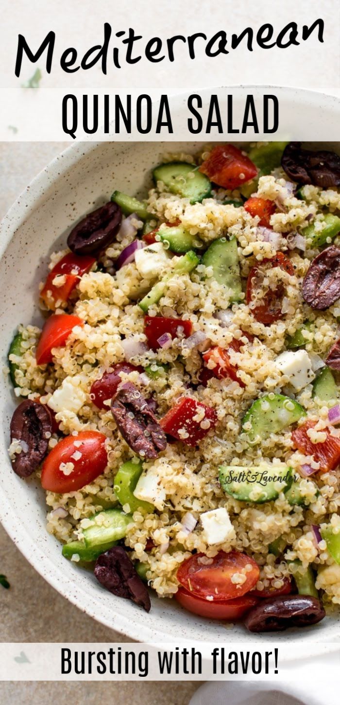 mediterranean quinoa salad with tomatoes, cucumber and olives in a white bowl