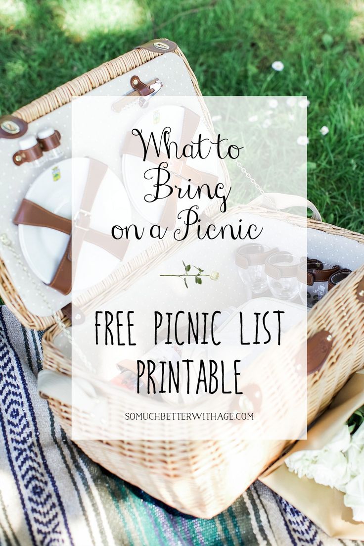 picnic basket with food on it and text overlay that reads what to bring on a picnic free picnic list printable