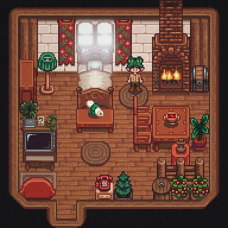 an overhead view of a living room and kitchen area in a pixel art video game