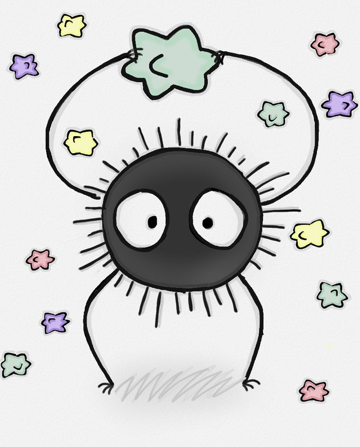 a drawing of a black ball with stars around it's head and eyes, on a white background