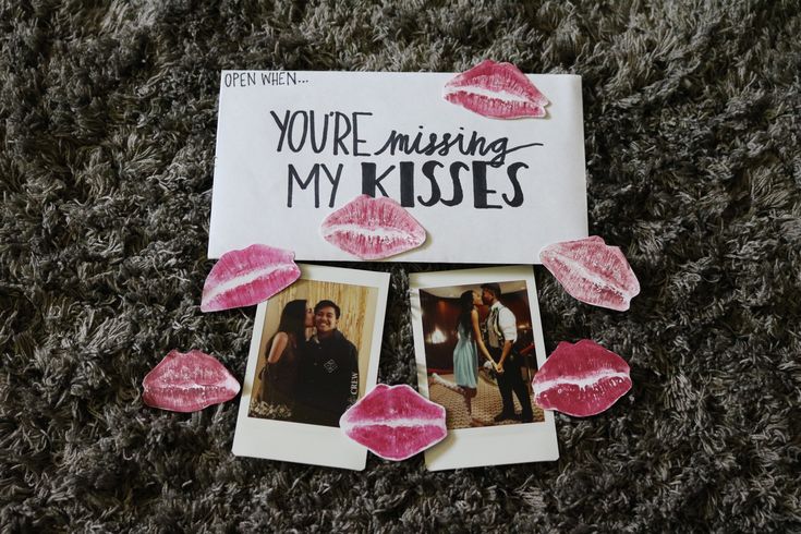 there is a card with pink lipstick on it and two pictures next to it that say you're missing my kisses