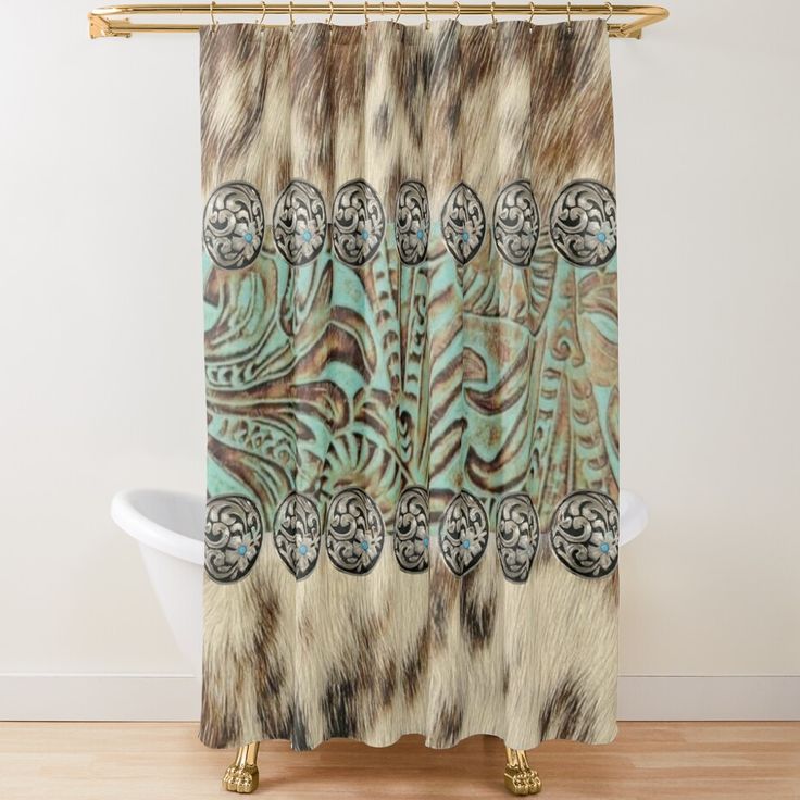 an animal print shower curtain with blue and brown colors