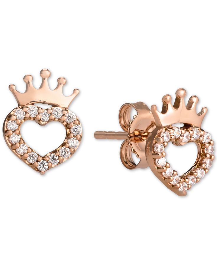 For princesses-in-training, these sparkly Disney heart and crown stud earrings with cubic zirconia accents. Rose Gold Cubic Zirconia Heart Earrings For Valentine's Day, Valentine's Day Rose Gold Heart Earrings With Cubic Zirconia, Rose Gold Heart Cut Earrings For Mother's Day, Rose Gold Pierced Jewelry For Valentine's Day, 14k Rose Gold Jewelry, Heart Crown, Rose Gold Jewelry, Cubic Zirconia, In Store