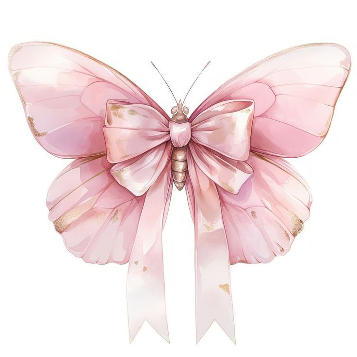 a pink butterfly with large wings and a bow on its back, flying in the air