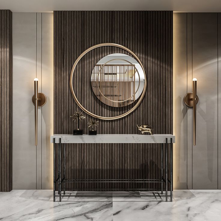 an elegant bathroom with marble counter tops and gold accents, along with a round mirror on the wall