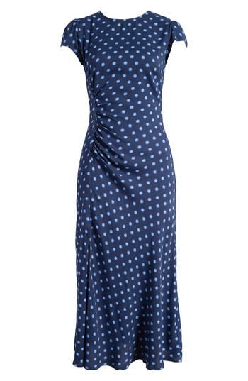 Side gathering adorned by fabric-covered buttons creates gorgeous shape on this stretch-kissed organic-cotton midi dress covered in cute polka dots. 50" length (size 8) Back zip closure Jewel neck Cap sleeves Unlined 98% organic cotton, 2% spandex Dry clean Imported Fitted Polka Dot Ruched Dresses, Fitted Polka Dot Dresses With Ruched Details, Fitted Polka Dot Midi Dress, Elegant Ruched Polka Dot Dress, Polka Dot Midi Dress, Cotton Midi Dress, Fabric Covered Button, Fabric Gift Bags, Jewel Neck