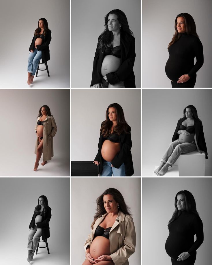 a series of photos with pregnant women in black and white, all posing for the camera