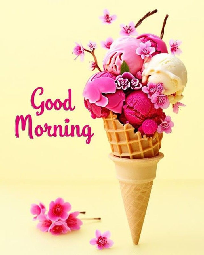 an ice cream cone with pink flowers on it and the words good morning written below