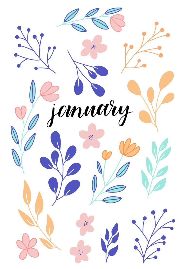 the word january surrounded by colorful flowers and leaves on a white background that says,