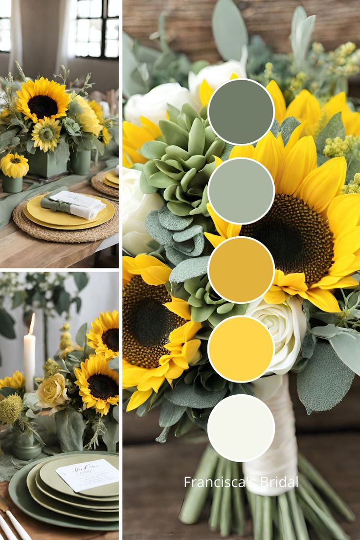 sunflowers and greenery are arranged on the table for a rustic wedding reception