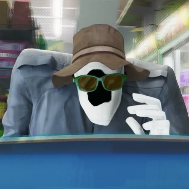 a person wearing sunglasses and a hat in front of a store window with an animated face