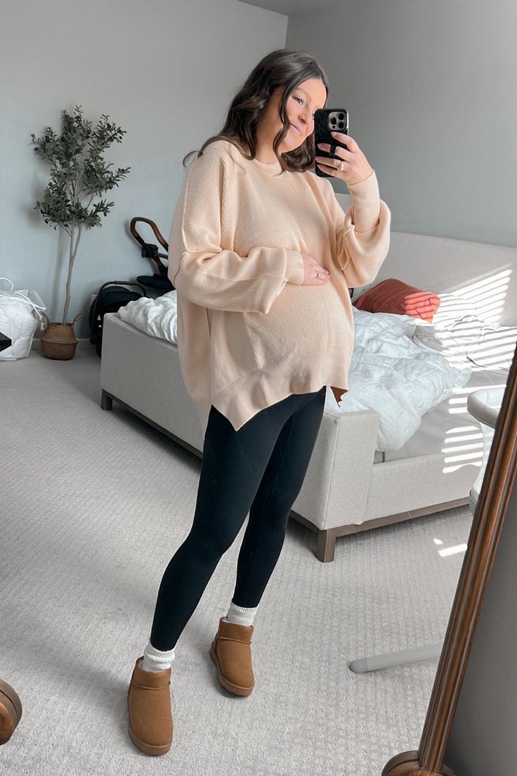 Sweater Outfits Pregnant, Maternity Dress And Sweater Outfit, Ugg Maternity Outfit, Maternity Outfits Casual Winter, Christmas Outfit Pregnant Women, Maternity Sweatshirt Outfit, 3rd Trimester Outfits Fall, Cozy Fall Maternity Outfits, Pregnancy Office Outfits Work Wear