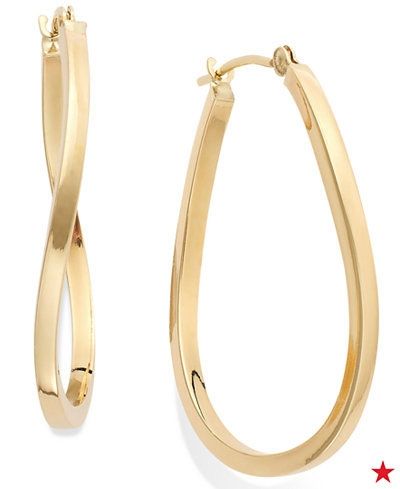 Sleek hoops with a twist! These 10k gold earrings instantly glam up any up-do. Macy's Hoop Earrings For Formal Occasions, Macy's Hoop Jewelry For Formal Occasions, Macy's Formal Hoop Jewelry, Macy's Hallmarked Earrings, Elegant Macy's Hoop Earrings For Anniversary, Elegant Small Hoop Hinged Earrings, Elegant Hinged Yellow Gold Hoop Earrings, Elegant Small Hinged Hoop Earrings, Macy's Yellow Gold Hoop Earrings For Formal Occasions