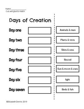 the days of creation worksheet is shown in black and white, with an image of