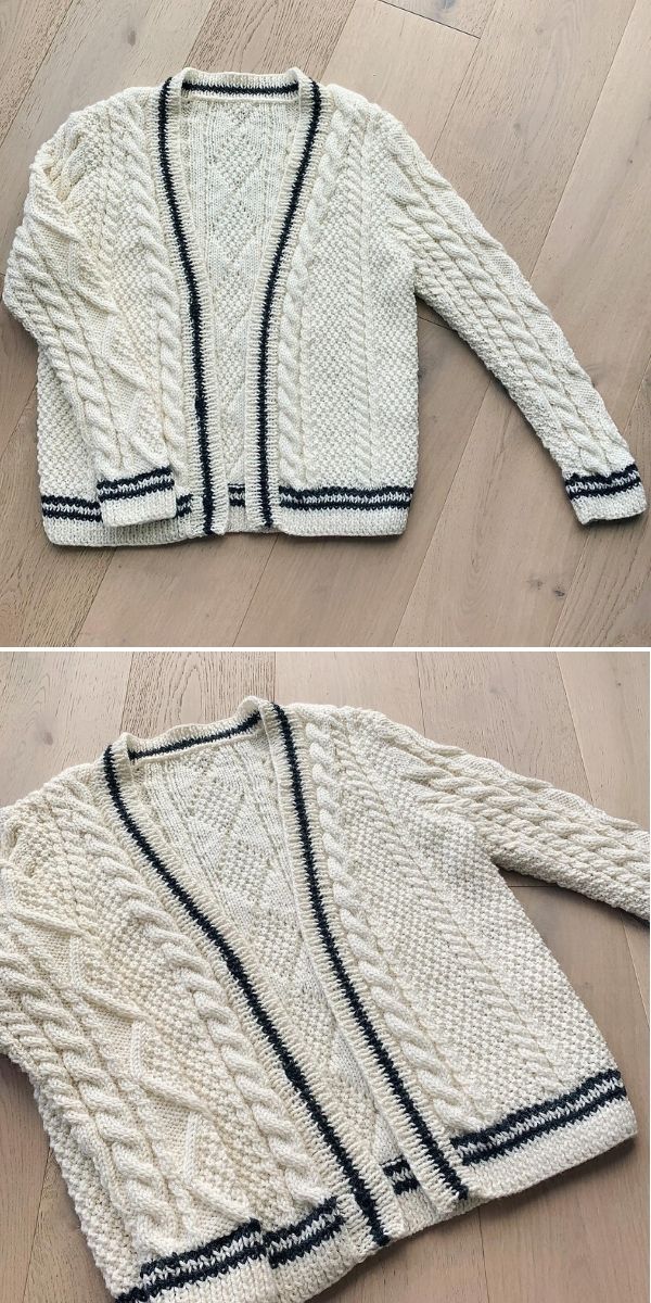 two pictures of a white sweater with black stripes