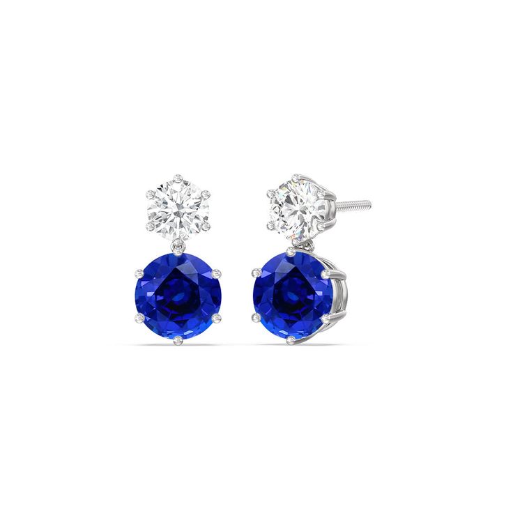 A wardrobe staple, these diamond earrings and their classic beauty will serve you well for years to come. Each earring features a pair of big sapphire and small round diamond, each set on a six-pong basket. With these earrings' refined sophistication, you can easily pair them with all kinds of outfits for all kinds of occasions. Formal Round Cut Gemstone Diamond Earrings, Formal Sapphire Diamond Earrings With Prong Setting, Formal Brilliant Cut Lab-created Sapphire Earrings, Sapphire Diamond-cut Earrings, Formal Earrings With Round Stone And Prong Setting, Formal Earrings With Prong Setting And Round Stone, Formal Earrings With Round Stone In Prong Setting, Formal Earrings With Prong Setting For Round Stones, Formal Round Sapphire Diamond Earrings