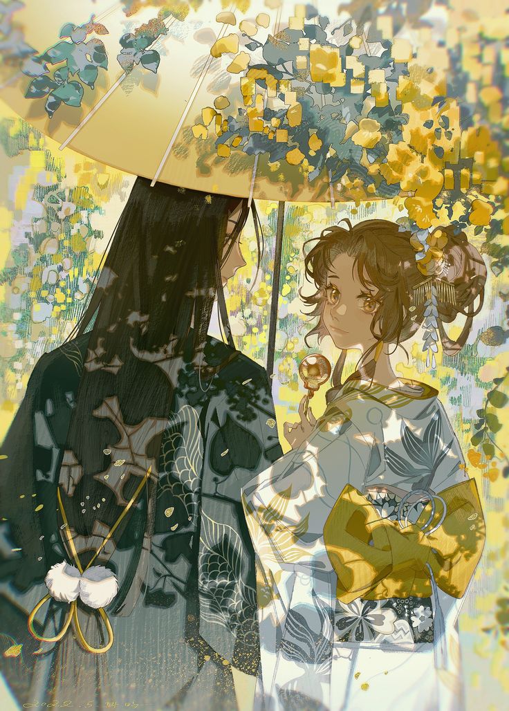 two young women standing under an umbrella in the rain with yellow leaves on them and one woman holding an umbrella over her head