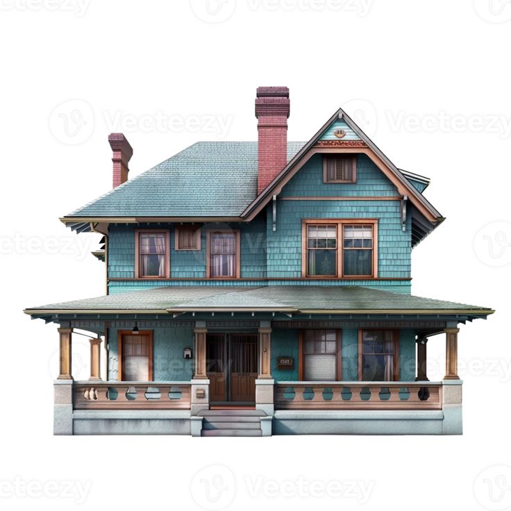 a blue two story house with porches and windows on the front, isolated against a white background