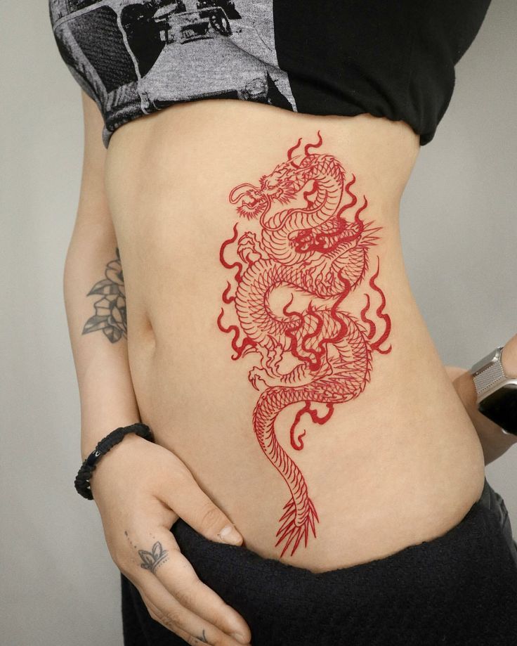 Japanese Dragon Tattoo Dragon Tattoo Leg, Dragon Thigh Tattoo, Red Dragon Tattoo, Dragon Tattoo For Women, Hip Tattoos Women, Red Ink Tattoos, Dope Tattoos For Women, Red Tattoos, Dragon Tattoo Designs